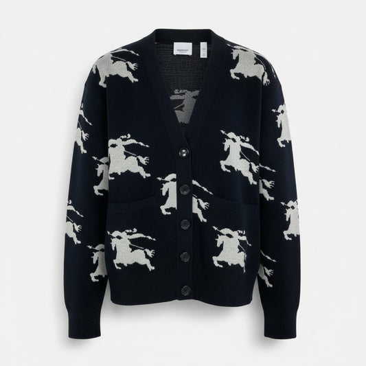 20a14 BURBERRY LONDON ENGLAND バーバリー ニットカーディガン 総柄 馬ロゴ エクエストリアンナイト コットン混 レディース 女性用 XS ブラック ホワイトo07t
