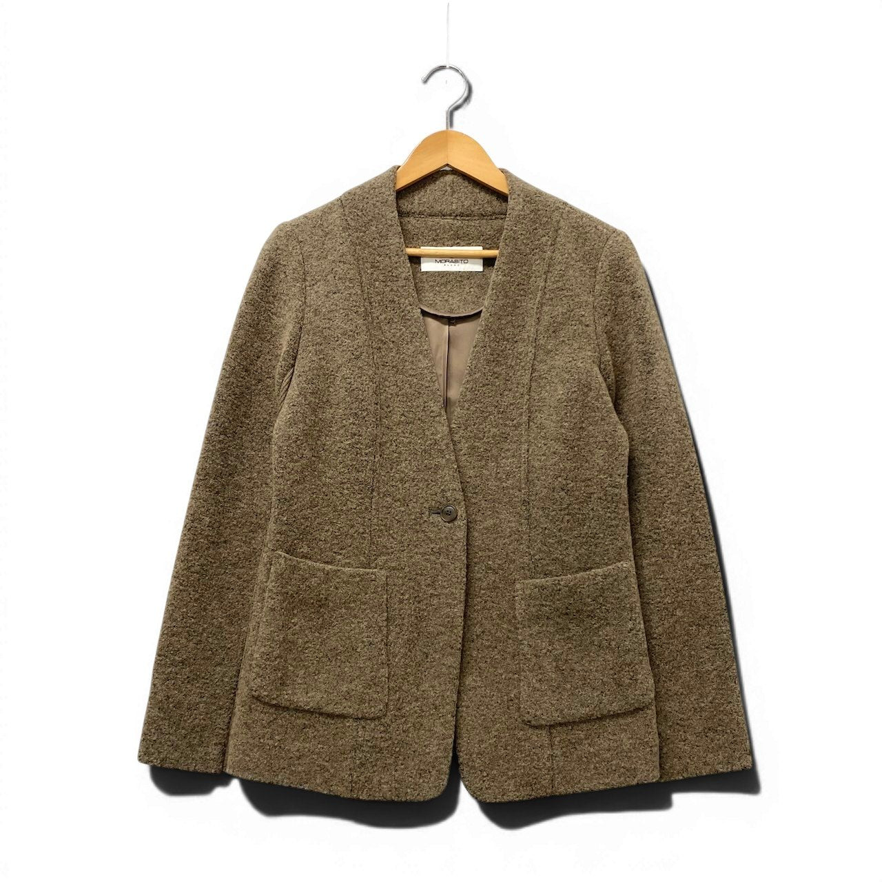 32e16【美品】MORABITO モラビト ノーカラーウールジャケット リブ切替 アウター 40サイズ ブラウン レディース 女性用u02t