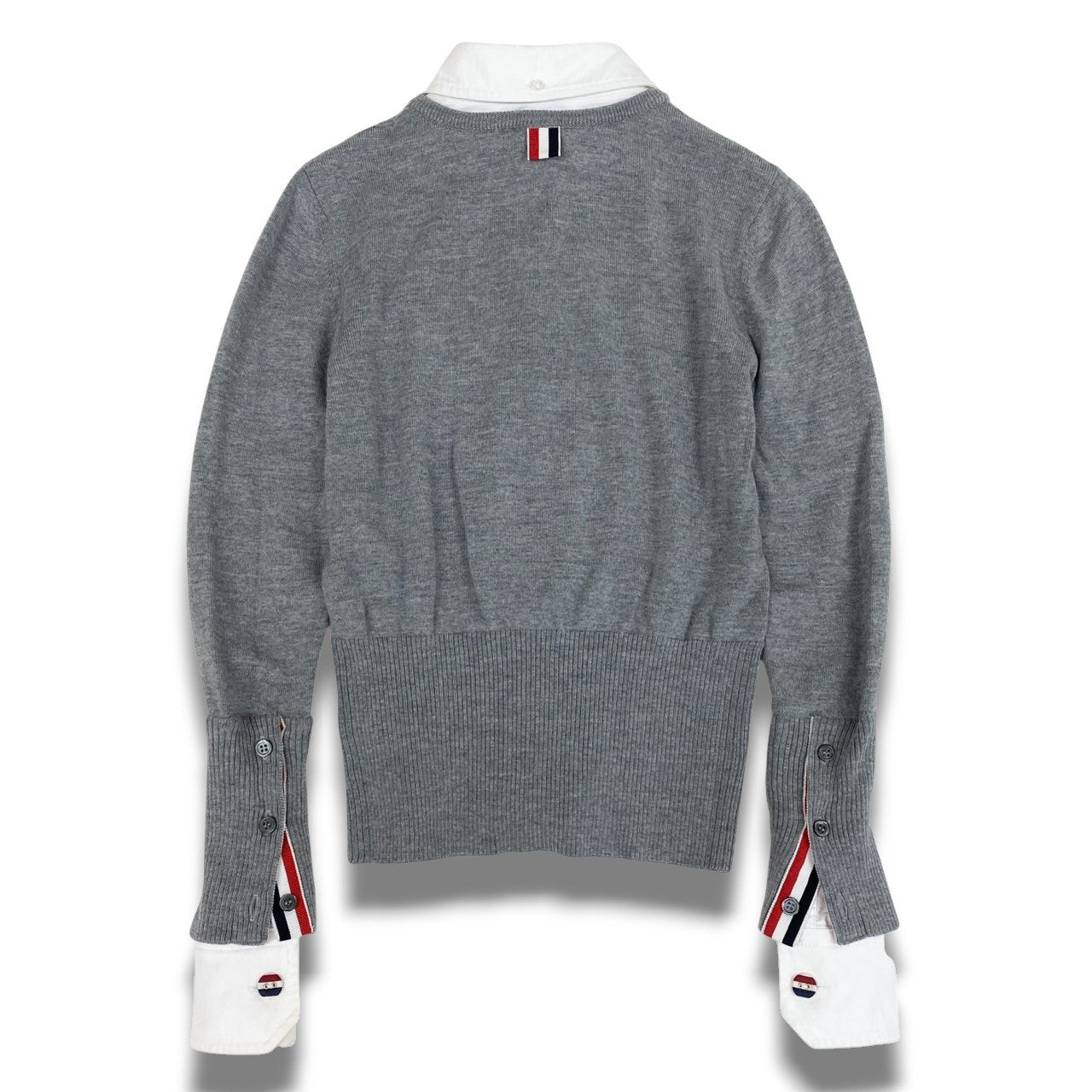 Ec3 THOM BROWNE トムブラウン トリコロール ニットカーディガン 襟付き ドッキングデザイン FKC393A 36 グレー ウール コットン レディースk02i