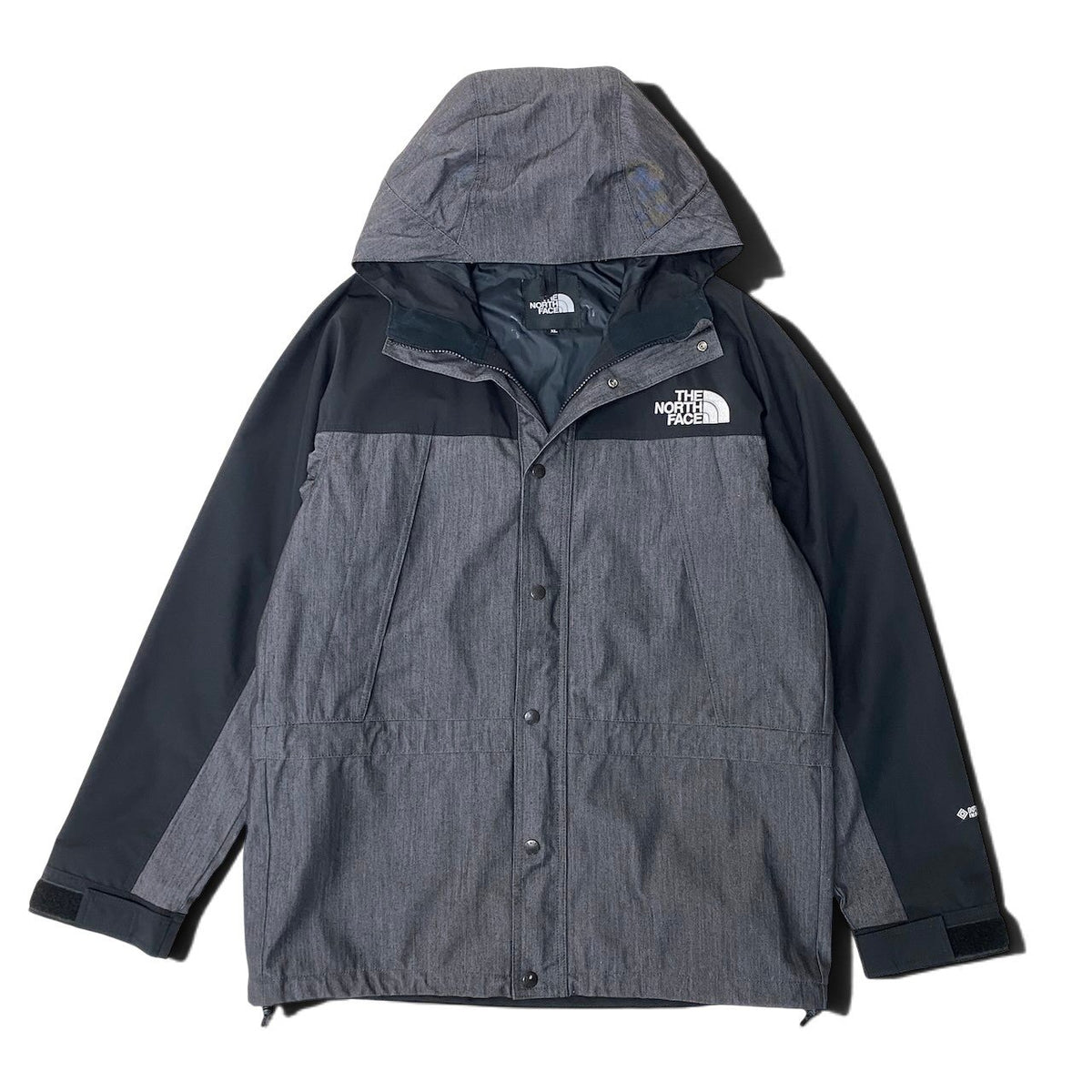 12i25 THE NORTH FACE ザノースフェイス マウンテンライトデニムジャケット ゴアテックス ロゴ刺繍 XLサイズ グレー ブラック ナイロン100％ メンズ 男性用u02t