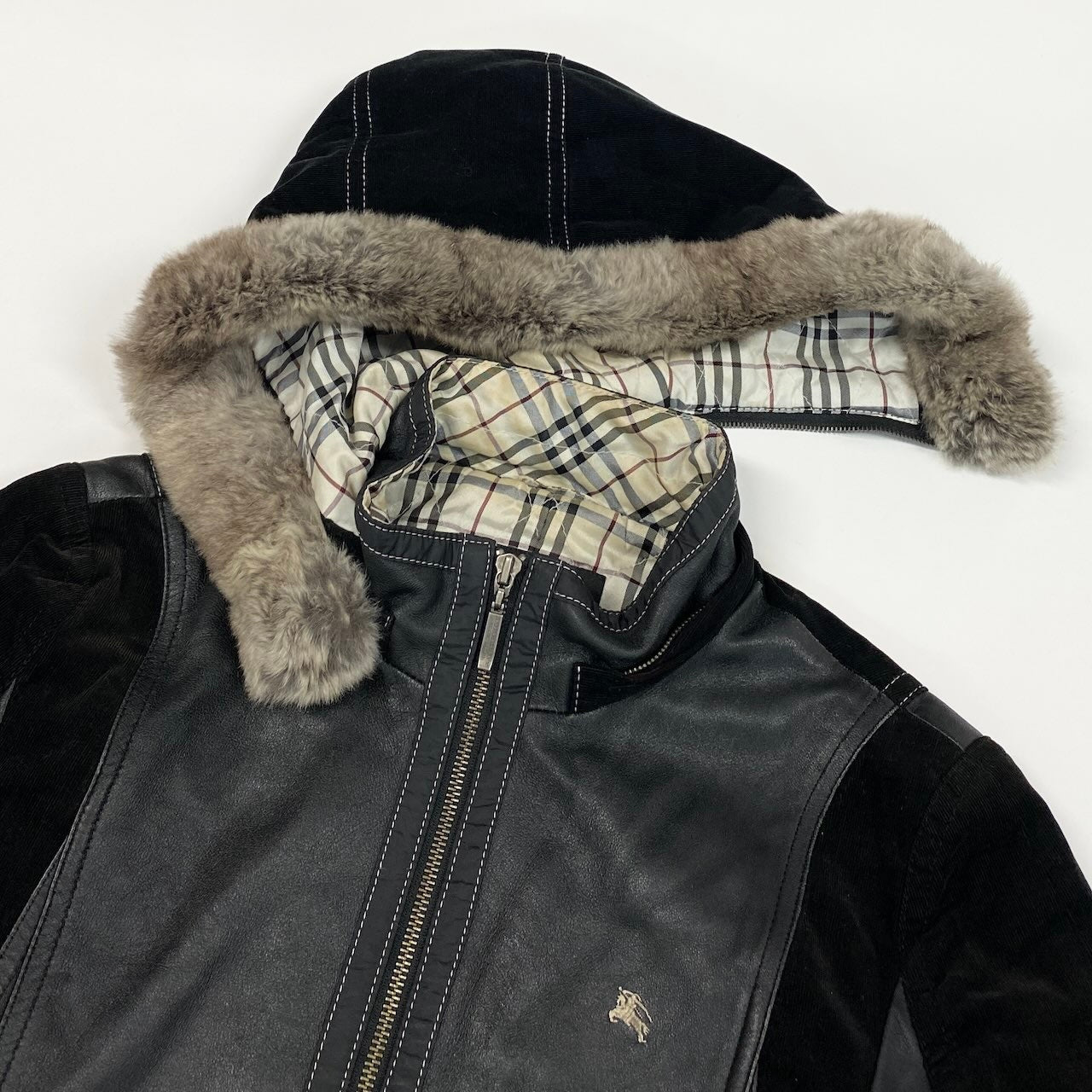 4d16 BURBERRY BLACK LABEL バーバリー ブラックレーベル 中綿 レザージャケット フーデッドジャケット 2way コーデュロイ切替 ラビットファー サイズM ブラック メンズ 紳士服u02t
