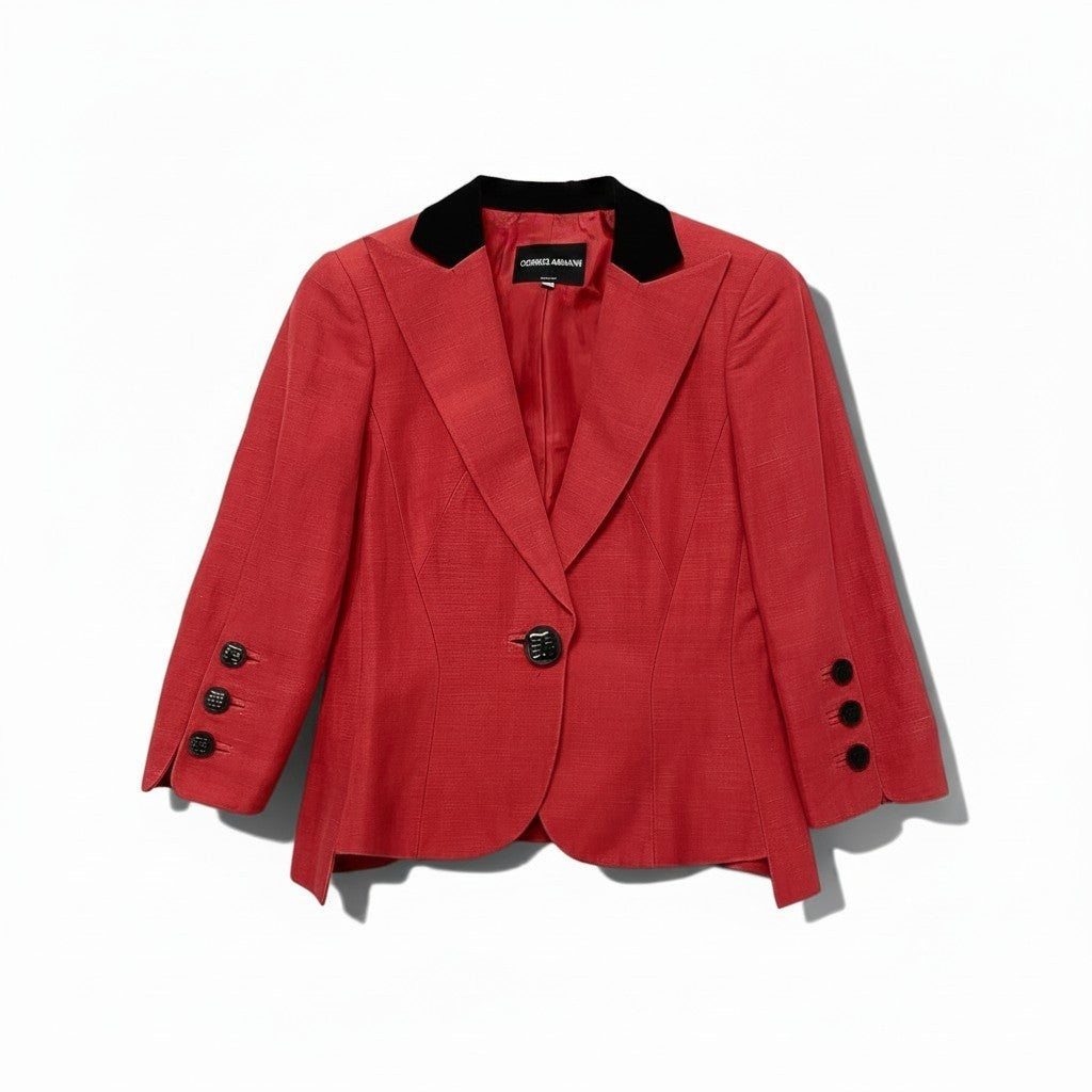 62i1 GIORGIO ARMANI ジョルジオアルマーニ テーラードジャケット コットンリネン混 バイカラー サイズ38 レッド ブラック レディースu02t