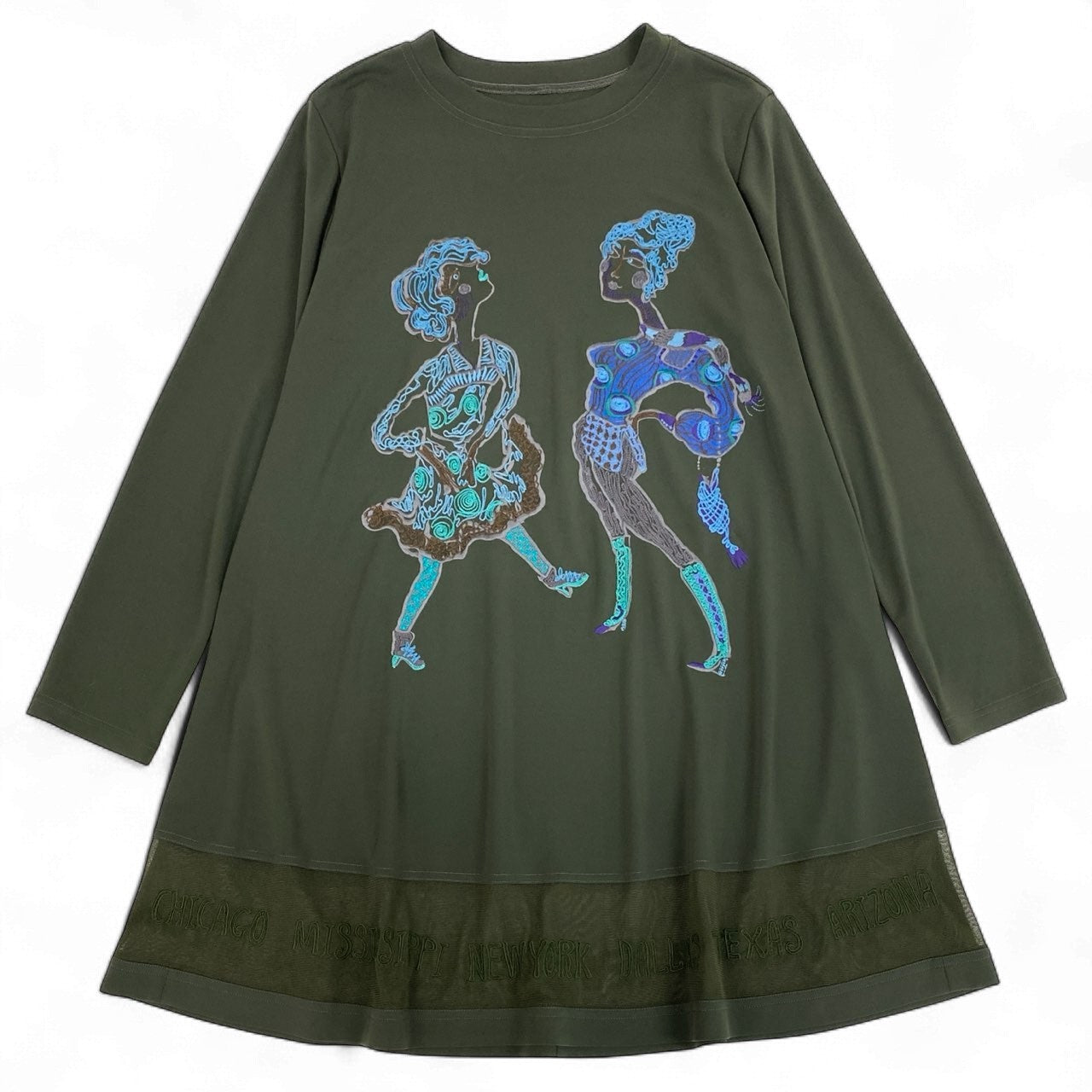 76k21《美品》 TOKUKO 1er VOL トクコプルミエヴォル ロングスリーブワンピース イラスト 刺繍 ストレッチ○ 裾切替 レディース 女性用 9 カーキu02t