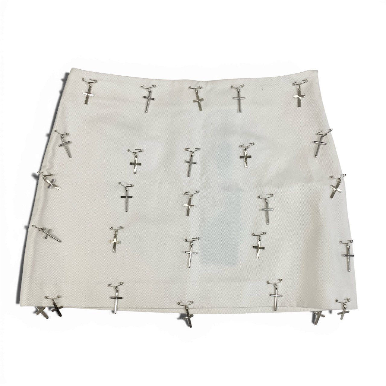 20a10 DOLCE&GABBANA D&G ドルチェアンドガッパーナ ミニスカート ホワイト クロスピン装飾 mini skirt with cross safety pin details レディースt18r