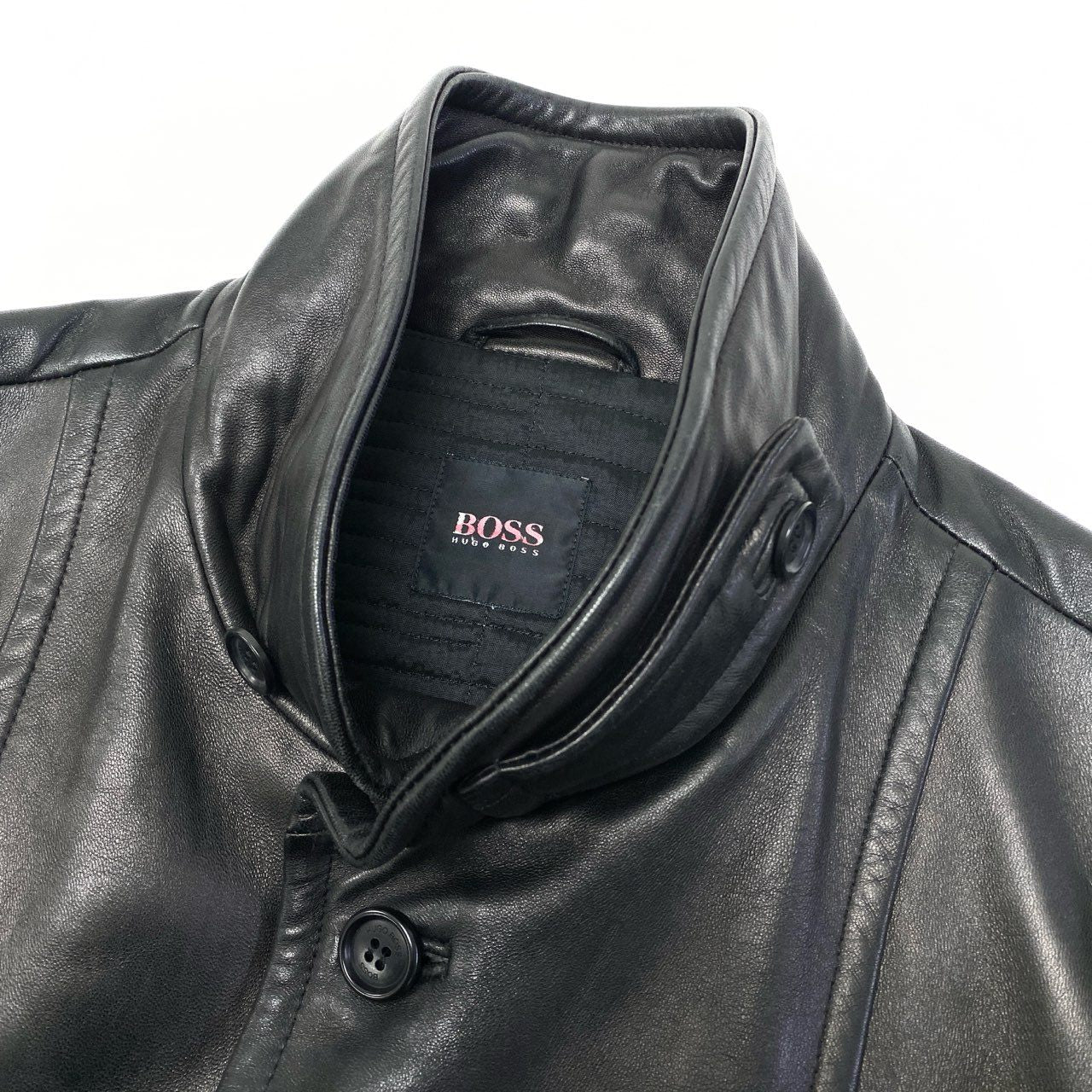 9a27 HUGO BOSS ヒューゴボス ラムレザーコート サイズL相当 ブラック シープスキン 羊革 Sheep Leather Coatt18r