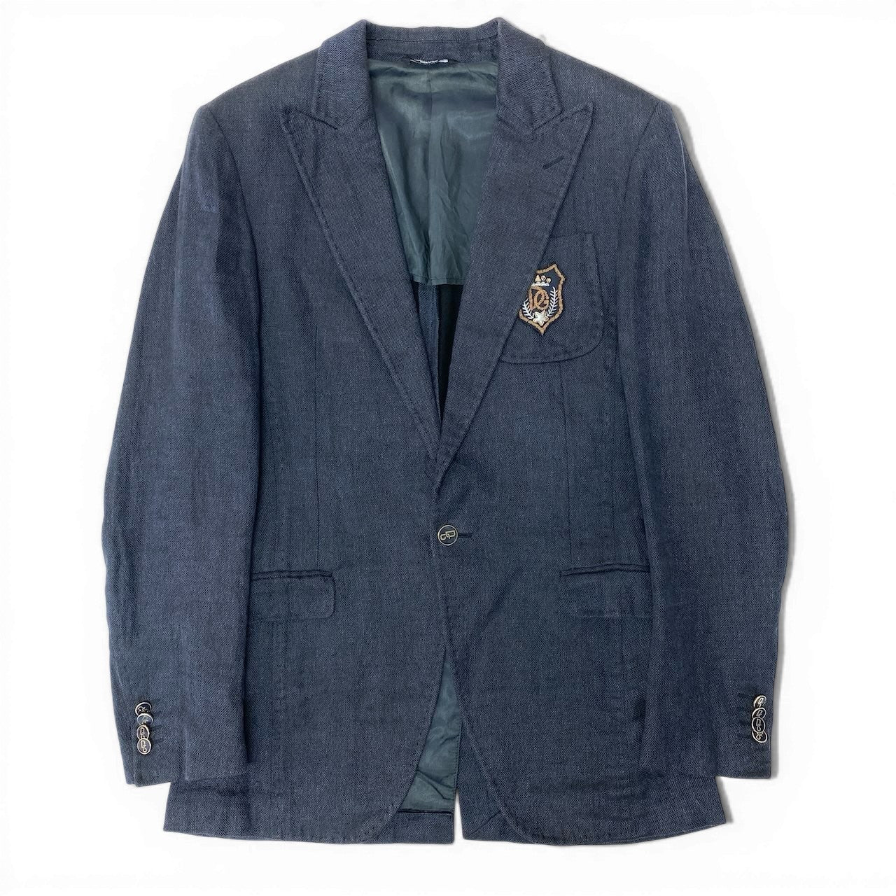 60d13 DOLCE&GABBANA ドルチェアンドガッバーナ テーラードジャケット ブレザー ロゴワッペン ロゴボタン イタリア製 44 ネイビー コットン リネン メンズo07t