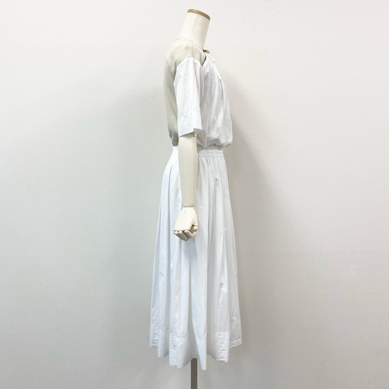 19g28 AGNONA アニオナ イタリア製 ニット切替 半袖シャツワンピース ドレス ロング丈 36 ホワイト ベージュ レディース