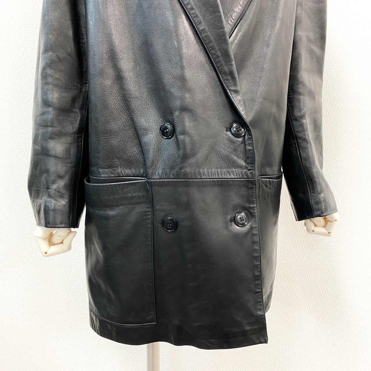 10k11 agnes b.  SPECIAL アニエスベースペシャル レザー ロングジャケット チェスターコート ダブルブレスト フランス製 レディース 女性用 2 ブラックu02t