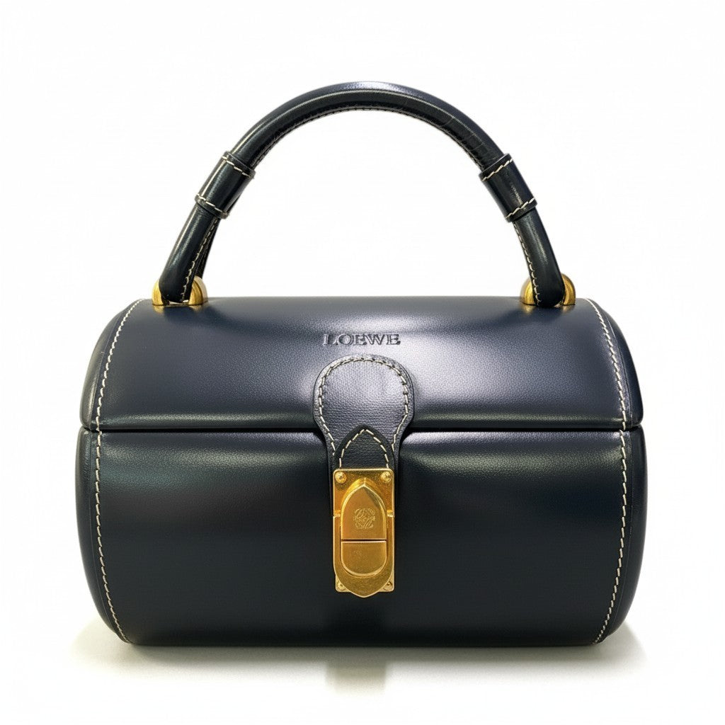 Ad2 LOEWE ロエベ ヴィンテージ ハンドバッグ バニティバッグ アナグラム金具 ネイビー レザー レディースu02t