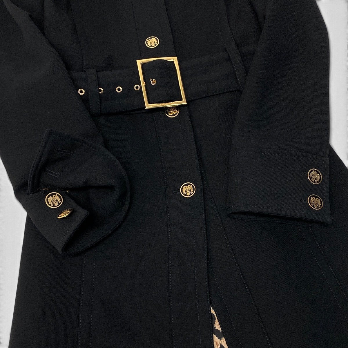 i27 【美品】DOLCE＆GABBANA ロングコート スタンドカラー ウエストベルト ブラック ウール100％ レディース 女性用u02t