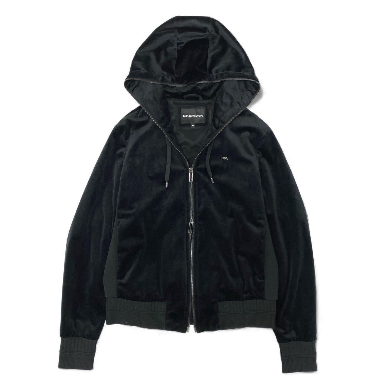 66k11 EMPORIO ARMANI エンポリオアルマーニ ベロア素材 ダブルジップパーカー ベルベットパーカー サイズ44 ブラック メンズ トップスk02i