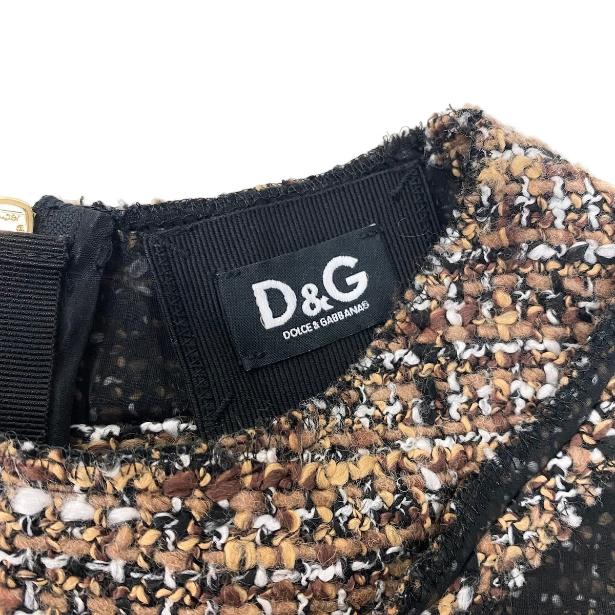 37i26 【美品】D＆G DOLCE&GABBANA ドルチェアンドガッパーナ ツイードノースリーブワンピース ドレス メッシュ 異素材切替  38サイズ ブラウン系 レディース 女性用u02t