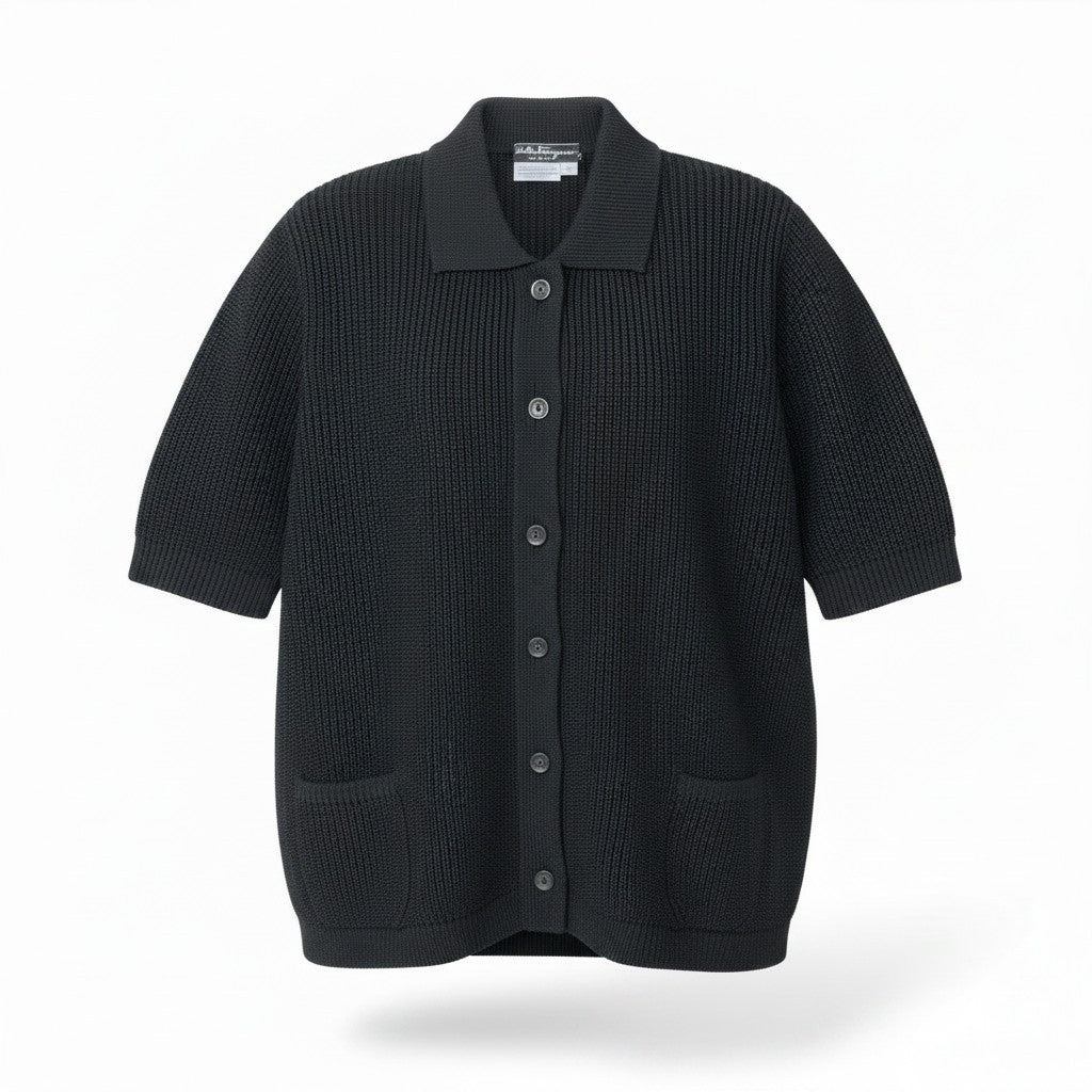 Ef25 【新品保管品】 Salvatore Ferragamo サルヴァトーレフェラガモ 半袖ニットカーディガン コットンニット タグ付き メンズ 男性用 136180843 L ブラック コットン100％u02t