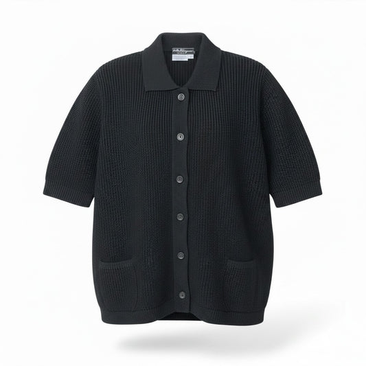 Ef25 【新品保管品】 Salvatore Ferragamo サルヴァトーレフェラガモ 半袖ニットカーディガン コットンニット タグ付き メンズ 男性用 136180843 L ブラック コットン100％u02t