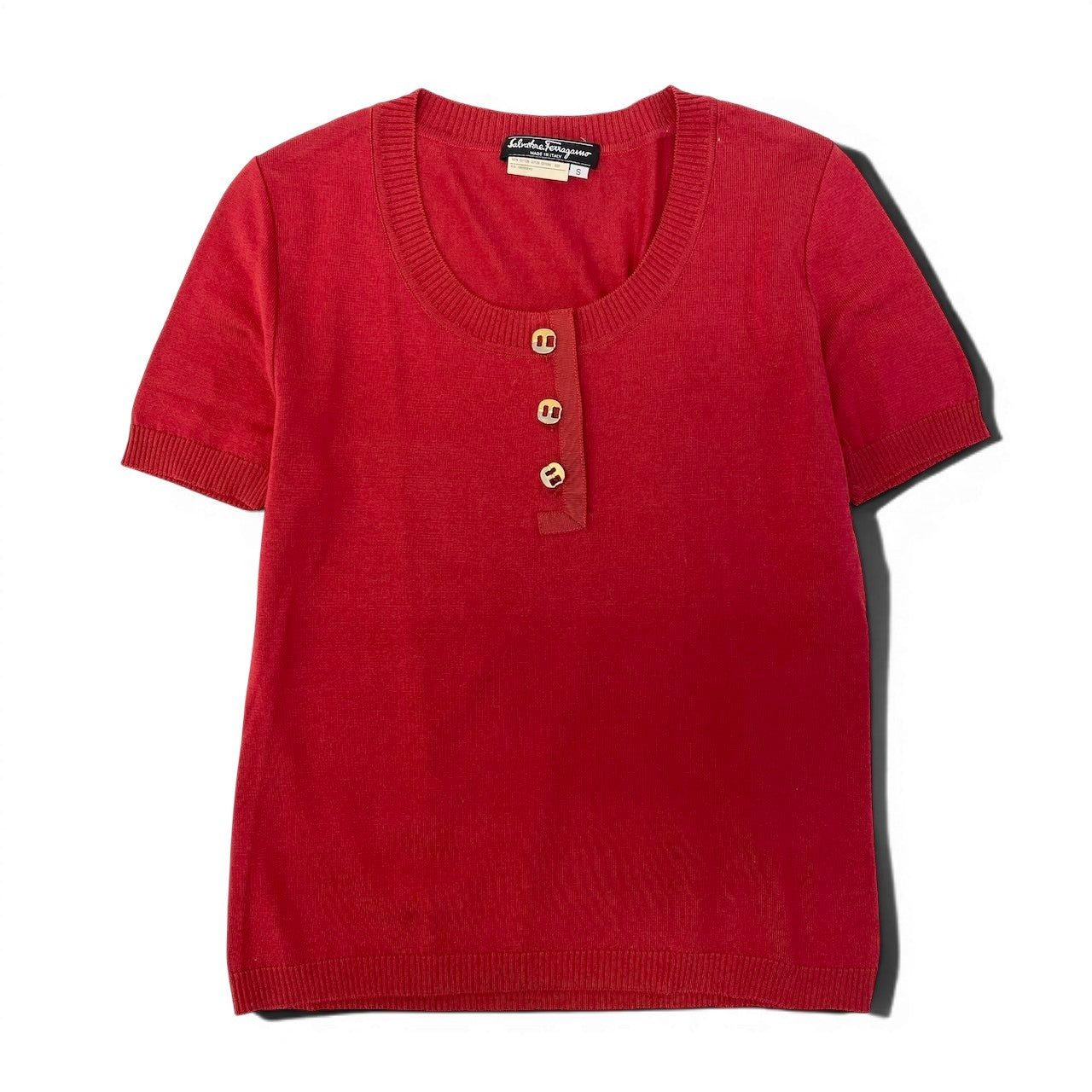 59d28 Salvatore Ferragamo サルヴァトーレフェラガモ 半袖 ニットポロシャツ クルーネック ニットセーター トップス サイズS レッド コットン100％ レディース 女性用u02t