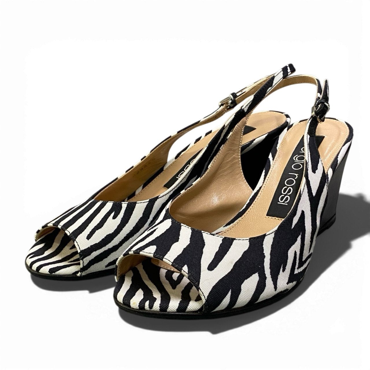 1k26 sergio rossi セルジオロッシ ウェッジソール ストラップサンダル オープントゥ ゼブラ柄 レディース 女性靴 イタリア製 37 ブラック ホワイトu02t