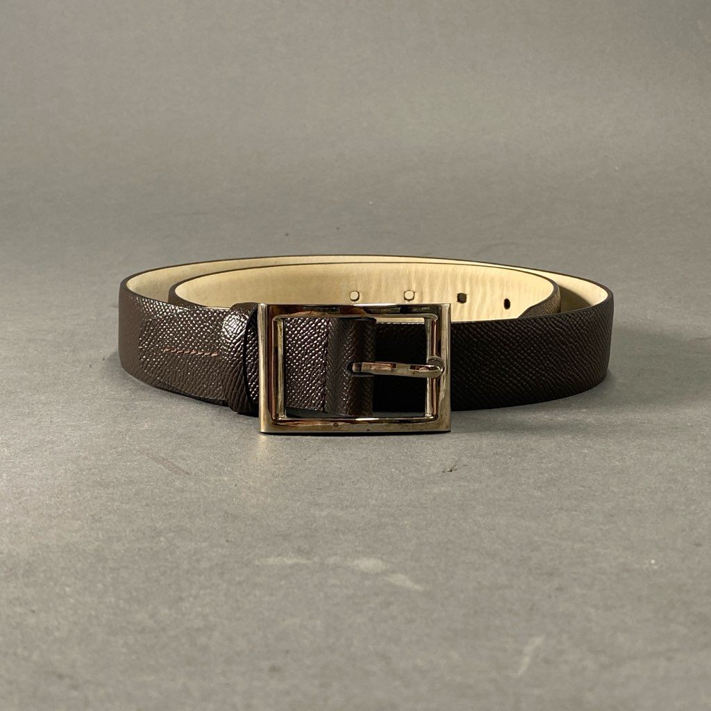 d2-2 《美品》 BVLGARI ブルガリ レザーベルト Leather Belt スクエアメタルバックル 44/110 ブラウン 紳士用 イタリア製 ビジネス フォーマル 小物