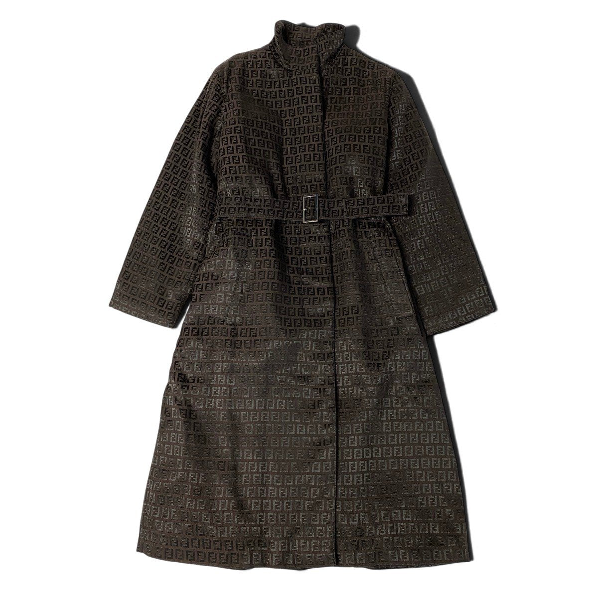 Ij23 FENDI フェンディ ズッカ柄 中綿 ロングコート サイズ42 ダークブラウン ブラック レディースo07t