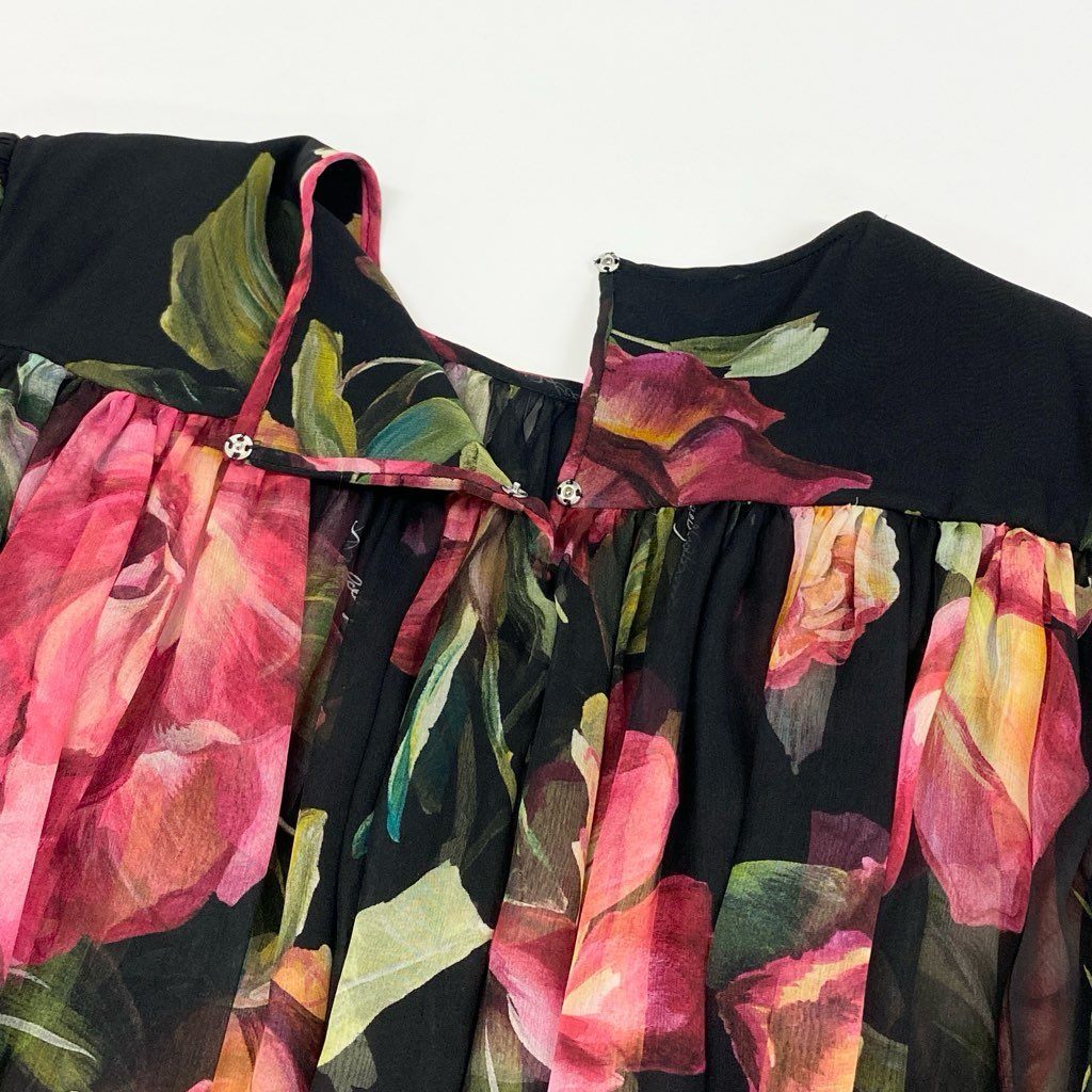 4f7 【美品】 DOLCE&GABBANA ドルチェ＆ガッバーナ シルク100％ 花柄シアーブラウス パフスリーブ ローズプリント サイズ36 マルチカラー レディース ブラウス