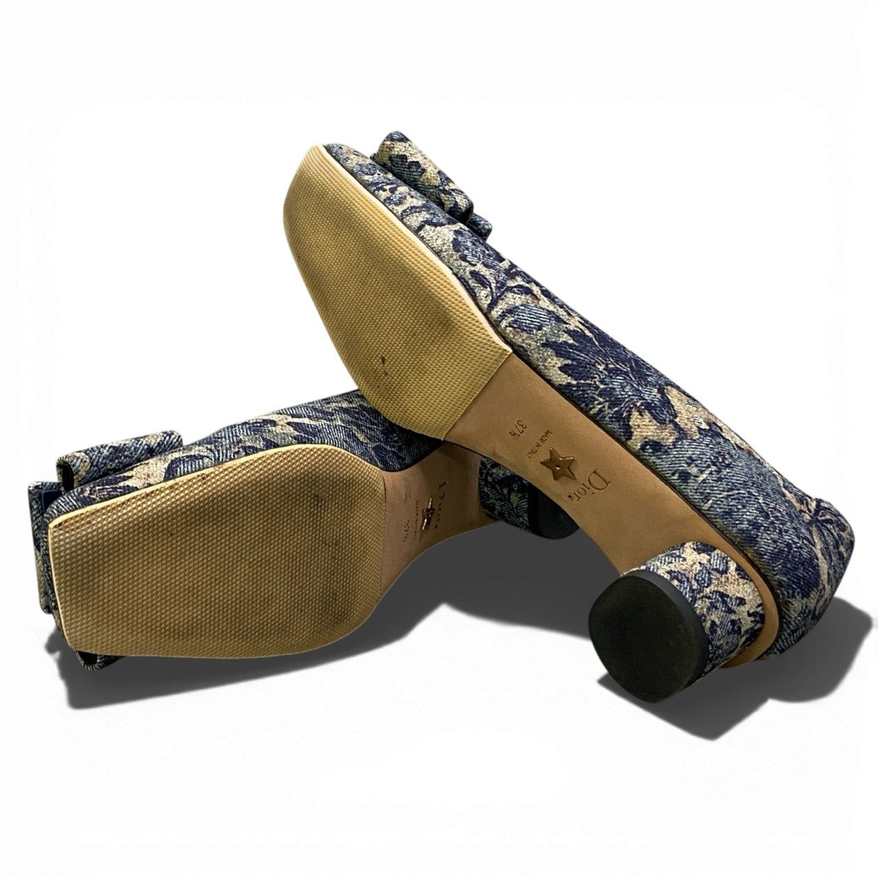 b17 《極美品》 Christian Dior クリスチャンディオール IDYLLE Flower Printed Denim Bellet パンプス シューズ 37.5 ブルー レディースta2