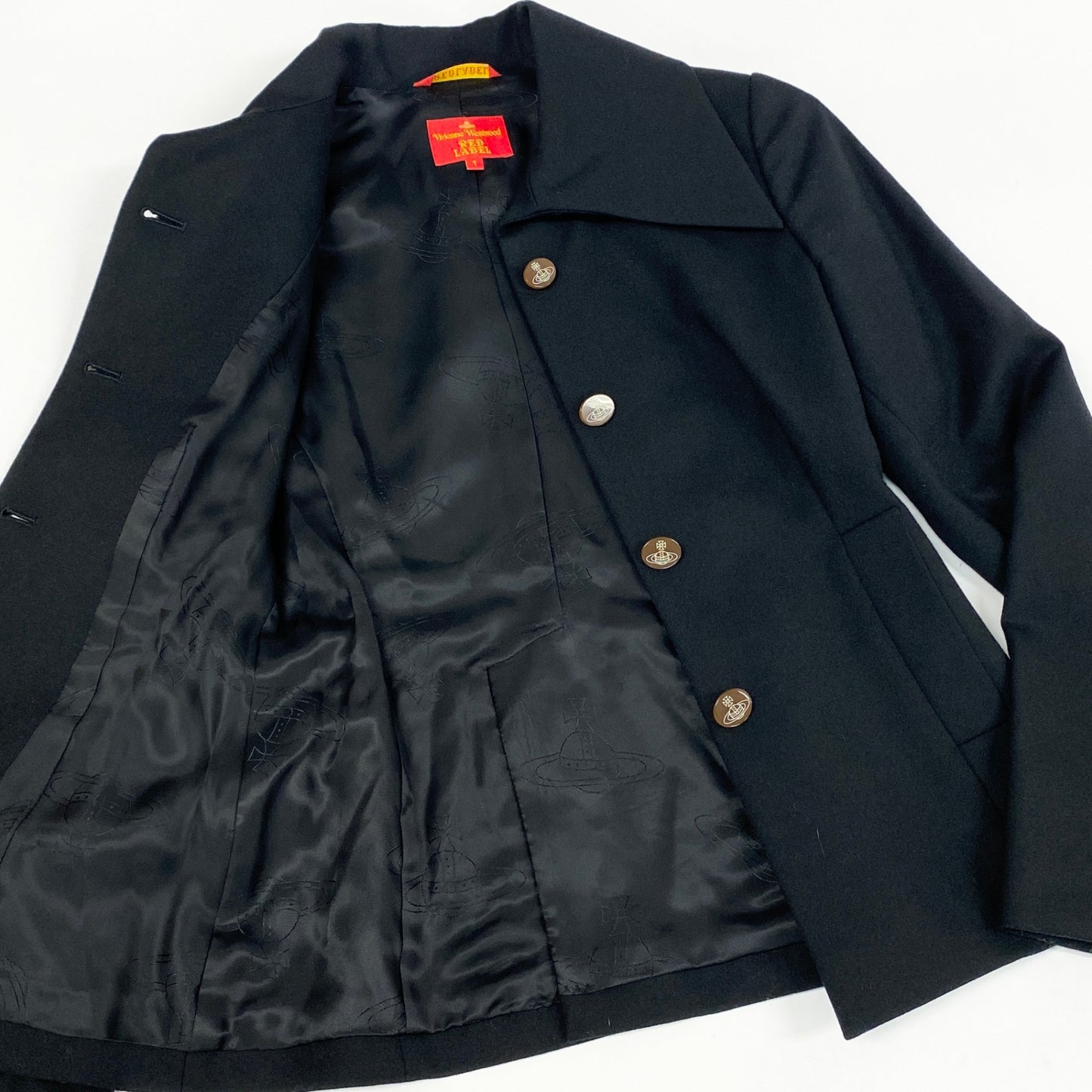 28k6《美品》 Vivienne Westwood RED LABEL ヴィヴィアンウエストウッド レッドレーベル オーブボタン カシミヤブレンド Aライン ジャケット 1 ブラックt18r