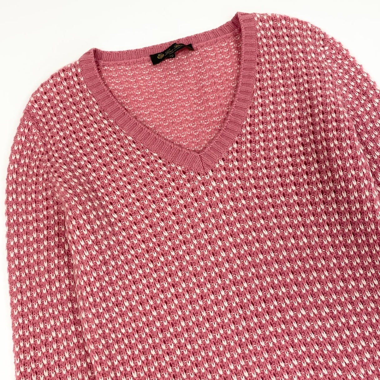 e1 Loro Piana カシミヤニットセーター Vネック イタリア製 40サイズ ピンク ホワイト カシミヤ100％ レディース 女性用ta1