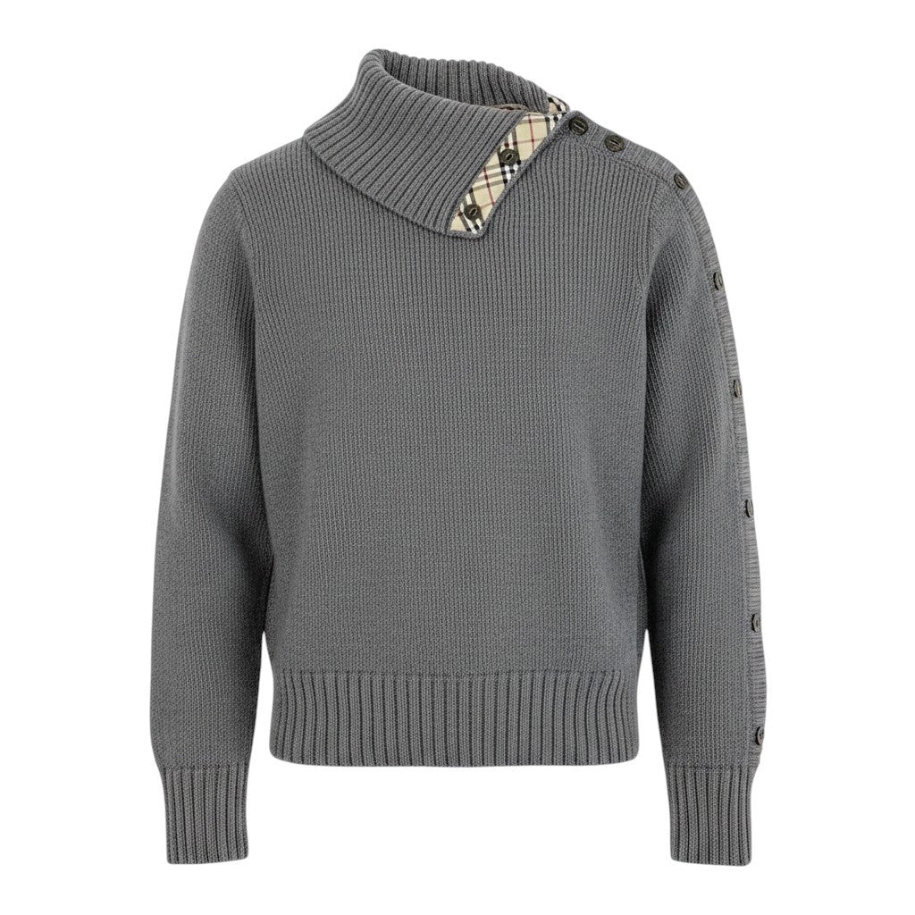 Ei3 【美品】 Burberry LONDON バーバリーロンドン タートルネック ニットセーター サイドボタン ノバチェック サイズ1 グレー ウール100％ レディースk02i