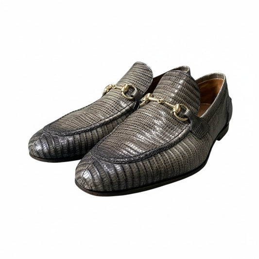 d13 GUCCI グッチ リザード ホースビット ローファー サイズ8 グレー レザー 本革 シューズ 革靴 紳士靴t18r