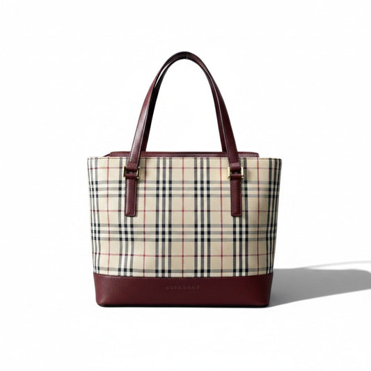 h13【美品】BURBERRY ハンドバッグ ノバチェック  ベージュ ボルドー キャンバス レザー レディース 女性用k02i