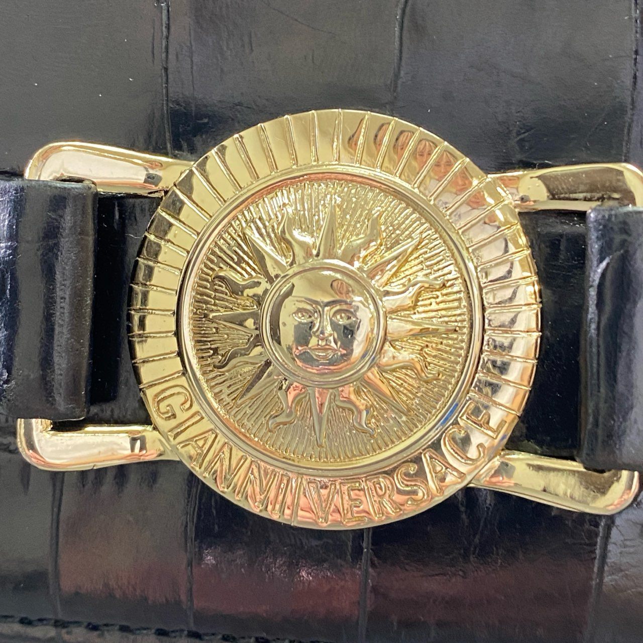 Af4 GIANNI VERSACE ジャンニ ヴェルサーチ クロコ型押し ハンドバッグ ブラック レザー カバン 鞄 ビンテージ Vintage レトロ