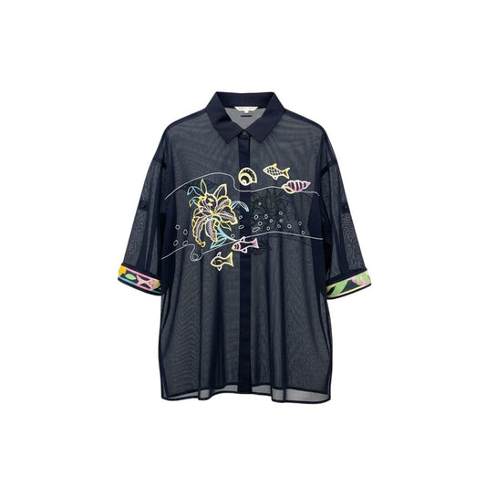 2b17 【美品】LEONARD SPORT レオナール スポーツ 九分袖チュニックシャツ シャツブラウス 魚 花刺繍 シースルー 0571077 40サイズ ブラック コットン100％ レディース 女性用u02t