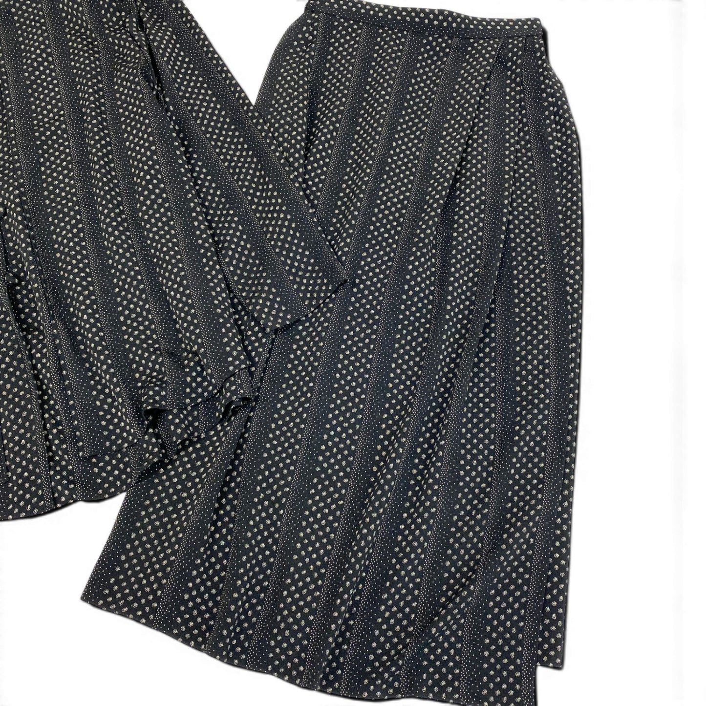 47d16 【美品】 詩仙堂 BY HITOSHI シセンドウ セットアップスカート ちりめん レイヤード風 ノーカラージャケット ラップスカート 総柄 ネイビー ポリエステル100％ レディース 女性用u02t
