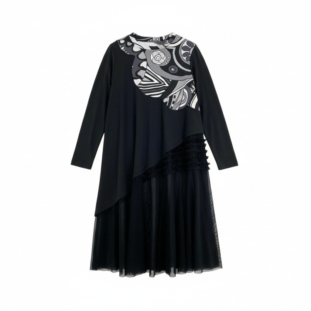 76k21 TOKUKO 1er VOL トクコプルミエヴォル ロングスリーブワンピース オーバーサイズ 裾切替 フリル モノトーン レディース 女性用 9 ブラック グレー ホワイトu02t