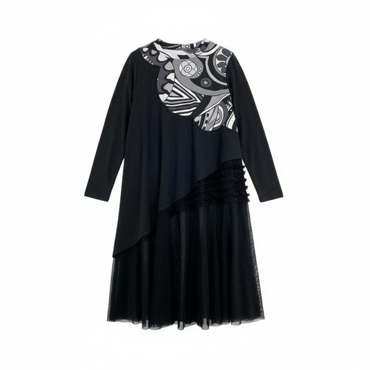 76k21 TOKUKO 1er VOL トクコプルミエヴォル ロングスリーブワンピース オーバーサイズ 裾切替 フリル モノトーン レディース 女性用 9 ブラック グレー ホワイトu02t