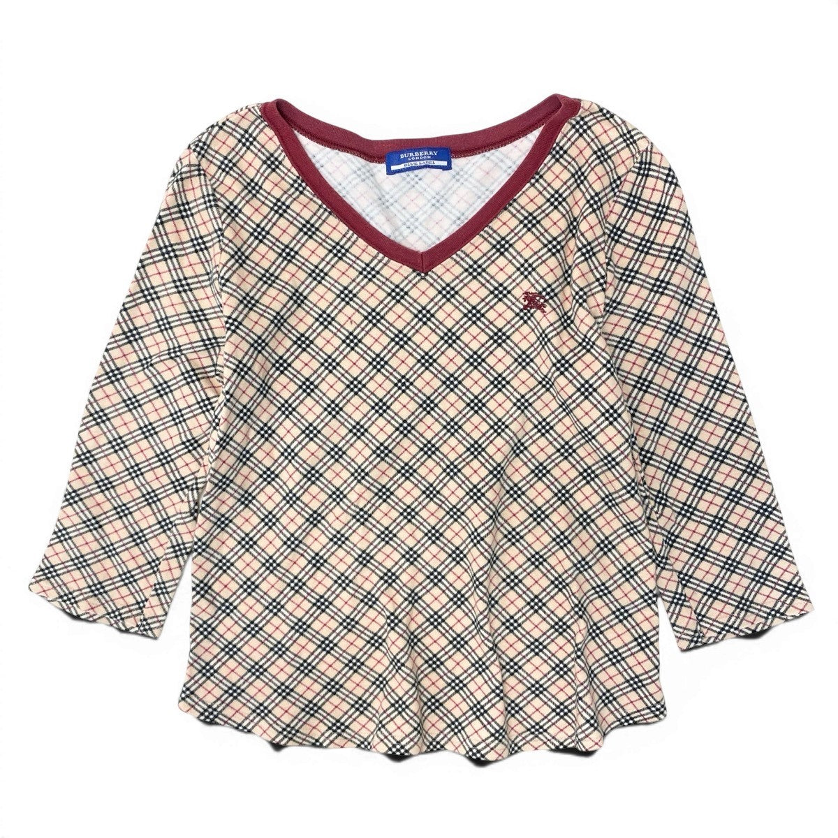 47f17 BURBERRY LONDON バーバリーロンドン ホース刺繍 ノバチェック Vネック 長袖Tシャツ カットソー トップス Mサイズ ベージュ コットン レディースo07t