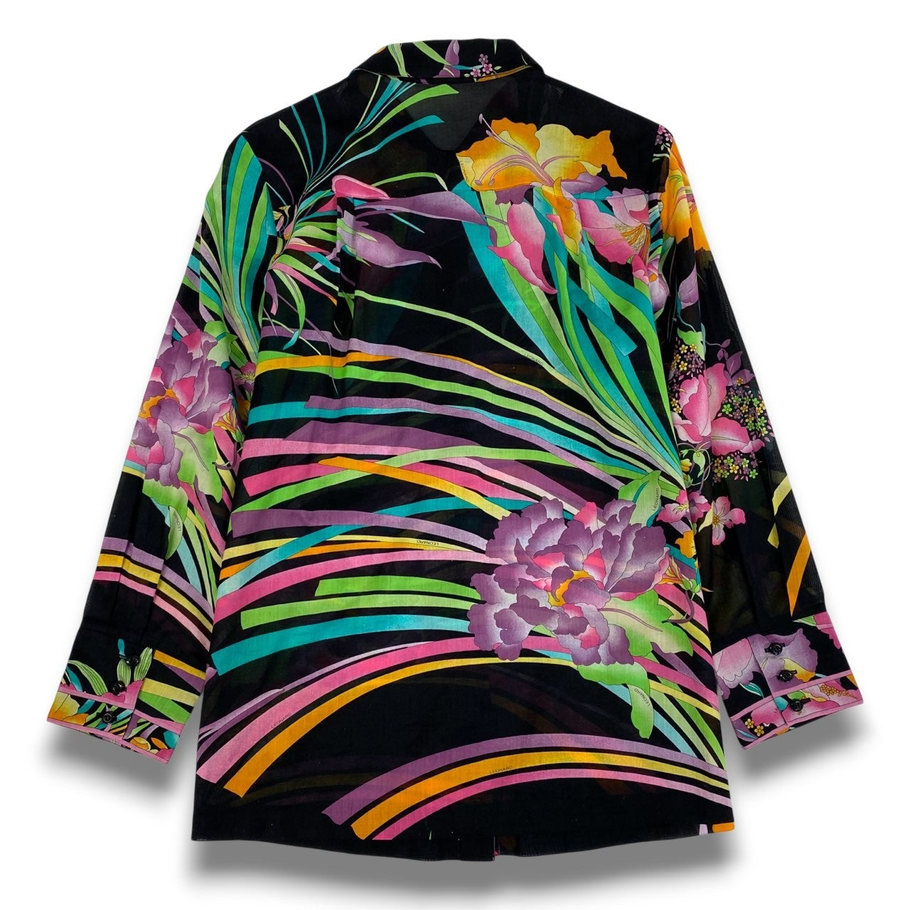 60b22 LEONARD FASHION レオナール シアーシャツ ロングスリーブシャツ 美しい花柄プリント レディース 女性服 13R ブラック マルチカラー コットン100％u02t