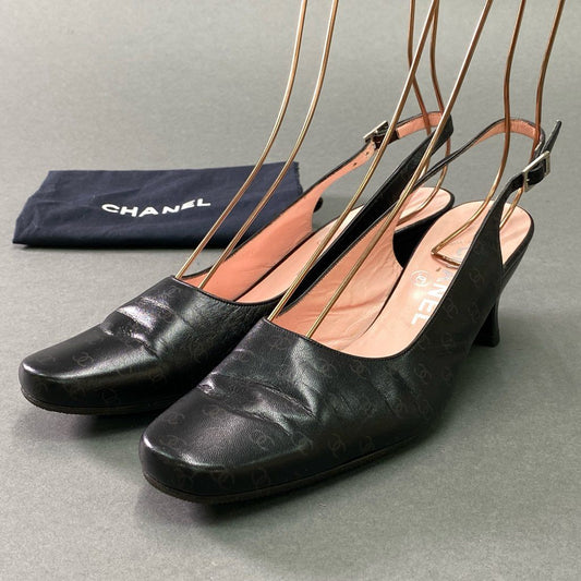 5e10 CHANEL シャネル ココマーク柄 スリングバックパンプス 37 ブラック レザー シューズ フランス製 チャンキーヒール