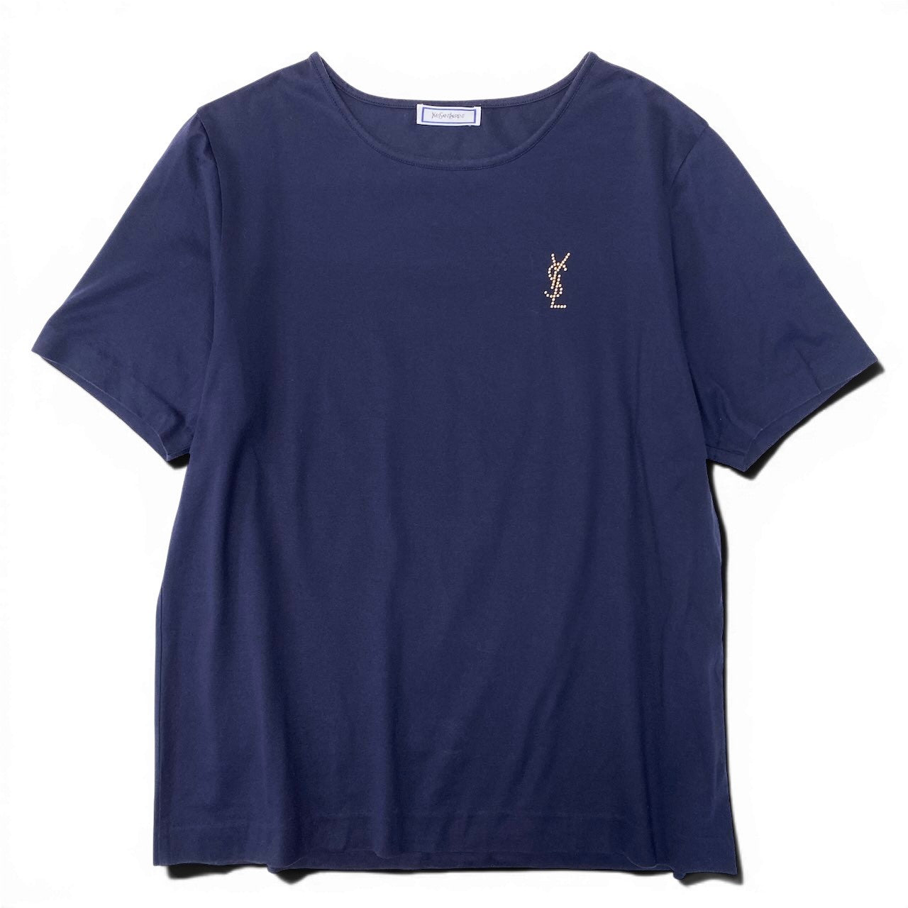If26 YVES SAINTLAURENT イヴサンローラン 半袖カットソー ラインストーン ブランドロゴ コットンシャツ Tシャツ レディース 女性用 WN73-267 M ネイビー 綿100％u02t