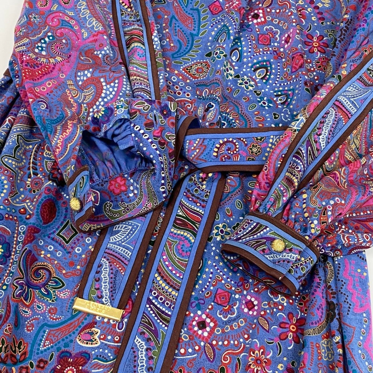 65d16 LEONARD FASHION レオナール ロングワンピース 総柄プリント ペイズリー柄 花柄 ベルト付 サイズM ブルー ウール シルク レディース 女性用u02t