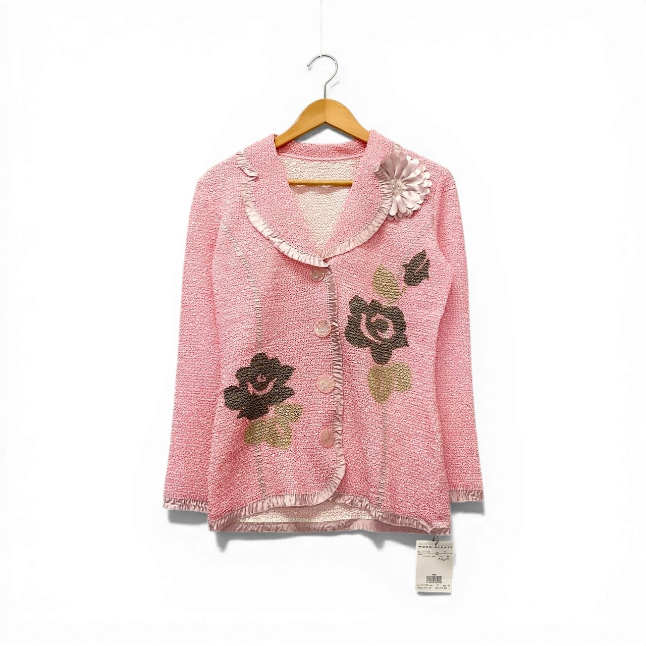 67c31 【未使用タグ付】 NOKO-PLEATS ノコプリーツ プリーツジャケット フラワープリント スパンコールボタン レディース 女性服 サイズ40 ピンク ポリエステル100％u02t