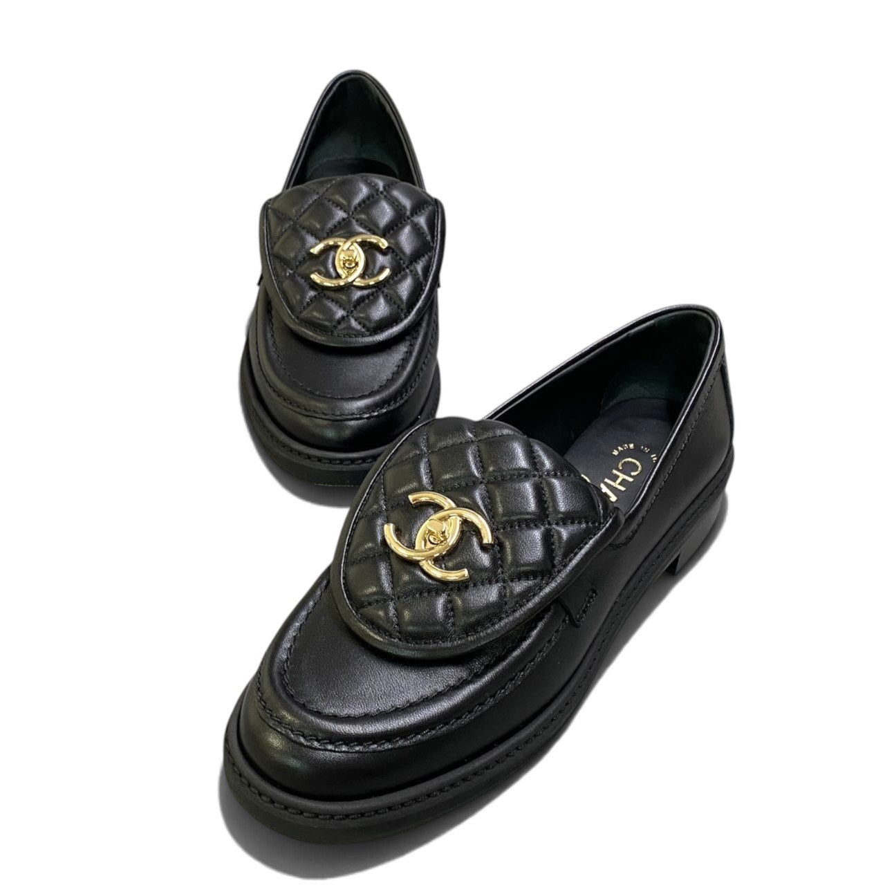 i1 【極美品】 CHANEL シャネル ターンロック ココマーク マトラッセ ローファー G36646 サイズ36 1/2 ブラック レザー レディースk02i