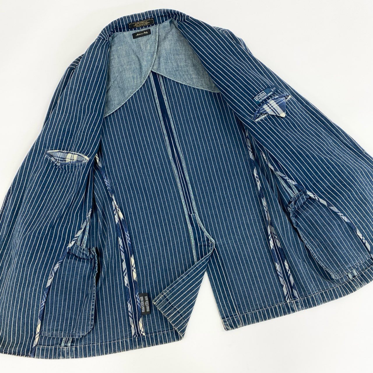 43f25 【イタリア製】POLO by RALPH LAUREN ポロバイラルフローレン 希少モデル インディゴ ヒッコリーストライプ テーラードジャケット ピークドラペル サイズ42 メンズ ドレスジャケットk02i