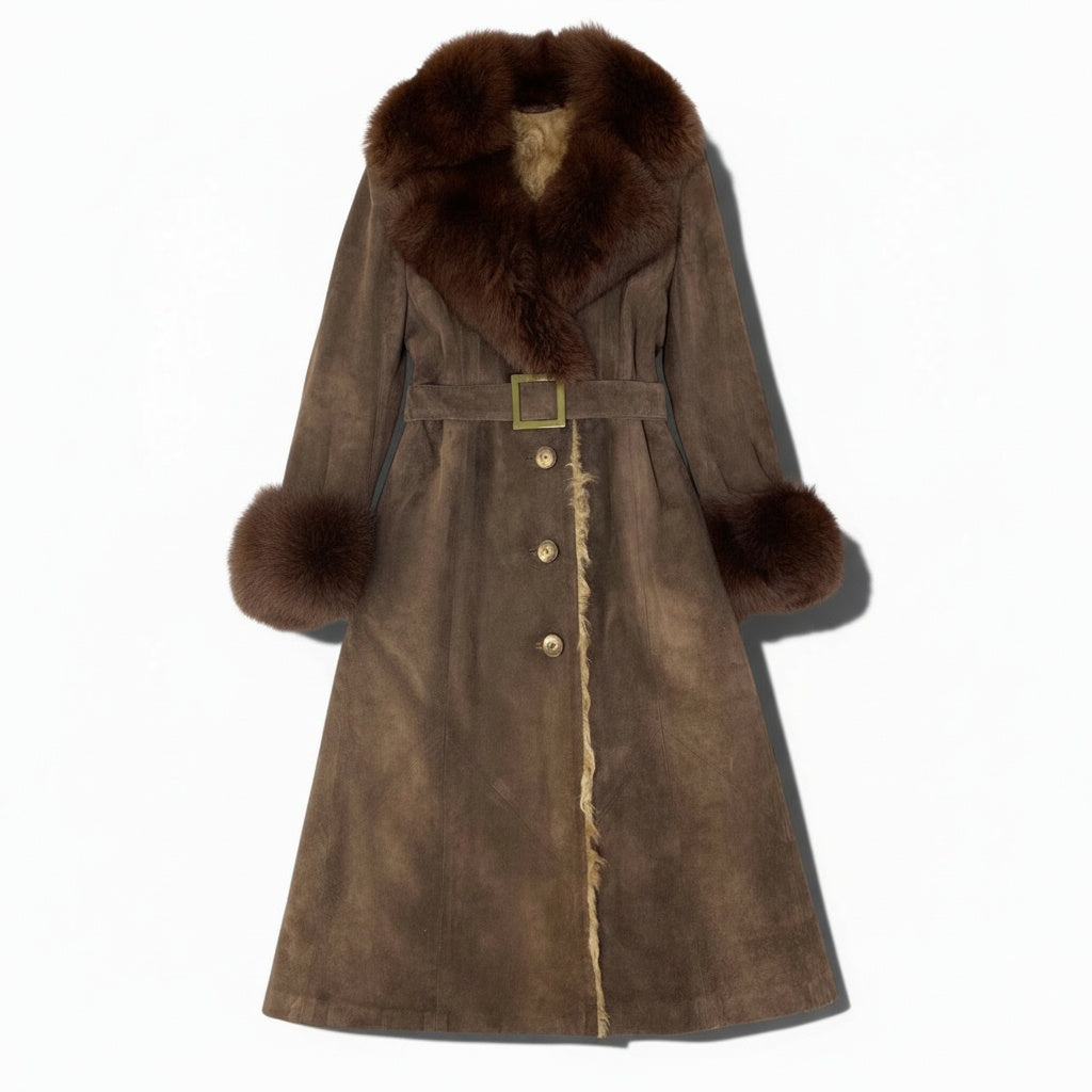 84a14 フォックスファー スエードレザー ベルテッドコート ロングコート ラムファー インナー ブラウン フォックス ラムファー 毛皮コートt18r