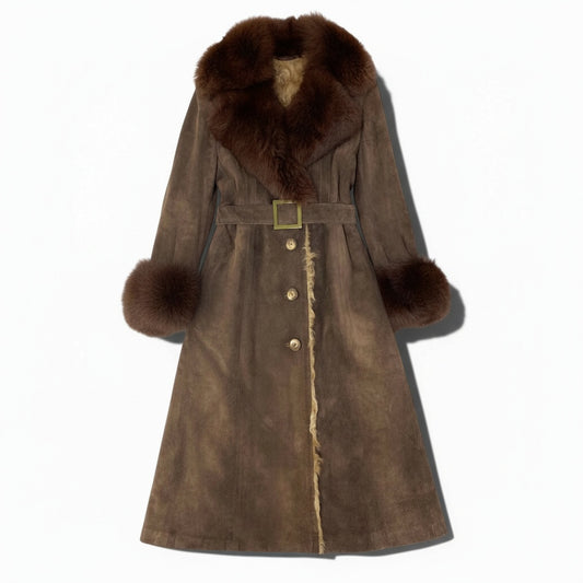 84a14 フォックスファー スエードレザー ベルテッドコート ロングコート ラムファー インナー ブラウン フォックス ラムファー 毛皮コートt18r