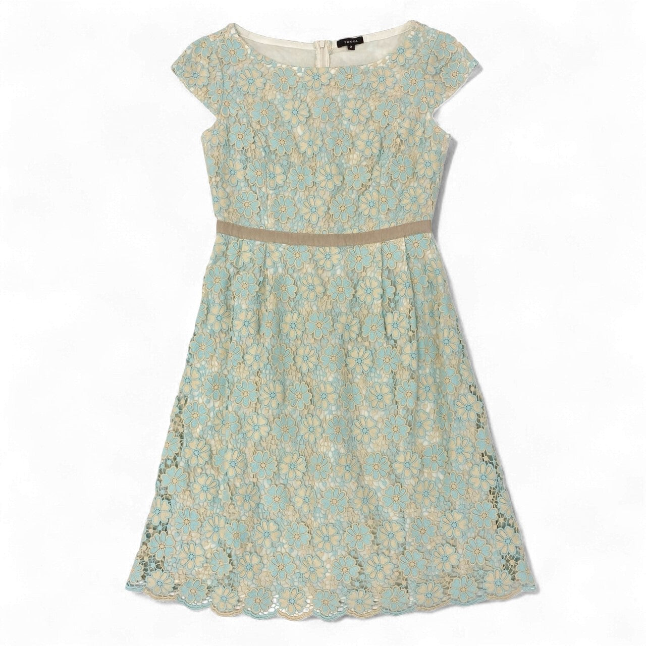 28k5 TOCCA トッカ フルエンブロイダリーワンピース 半袖ワンピース 花柄刺繍 レディース 女性用 2 ベージュ系 ライトブルー コットン100％o07t