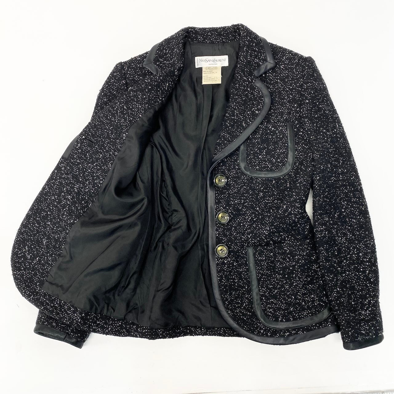 76d9 Yves Saint Laurent イヴサンローラン ツイードジャケット テーラードジャケット ラメニット レザーパイピング ウール混 フランス42 ブラック レディース 女性用o07t