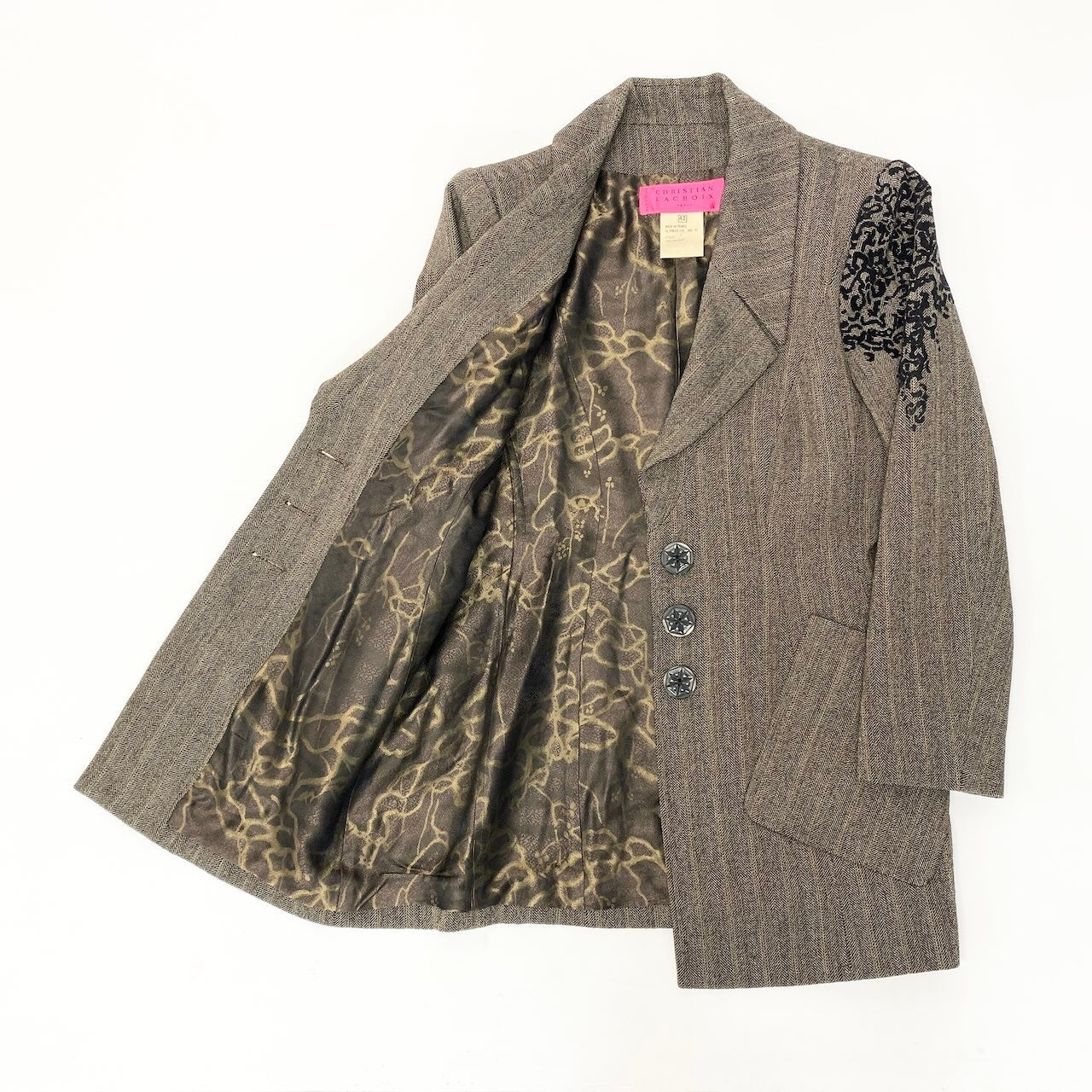 85d9 CHRISTIAN LACROIX クリスチャンラクロワ テーラードジャケット ロングジャケット ストライプ 裏地総柄 フランス製 サイズ42 ブラウン ウール100％ レディース 女性用o07t