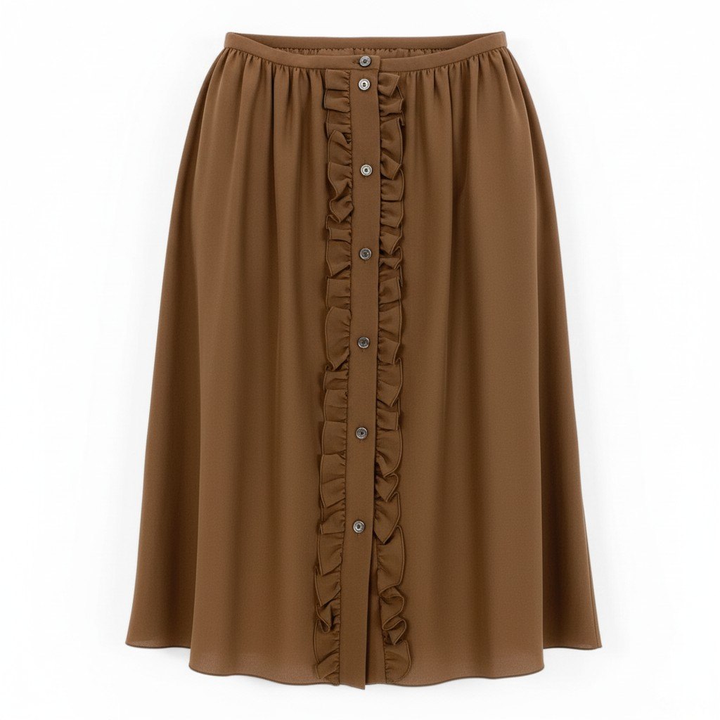 Ed7 CELINE セリーヌ シルクスカート 膝丈スカート フリル フロントボタン サイズ38 ブラウン シルク100％ レディース 女性用o07t