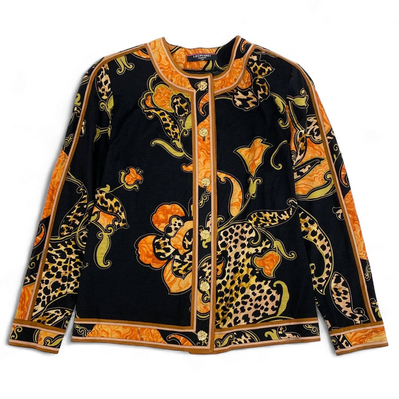 3k19 LEONARD FASHION レオナール ノーカラージャケット カーディガン 薄手 ロングスリーブ 金ボタン 花柄 アニマル柄 レディース 女性用 M ブラック ウールシルクu02t