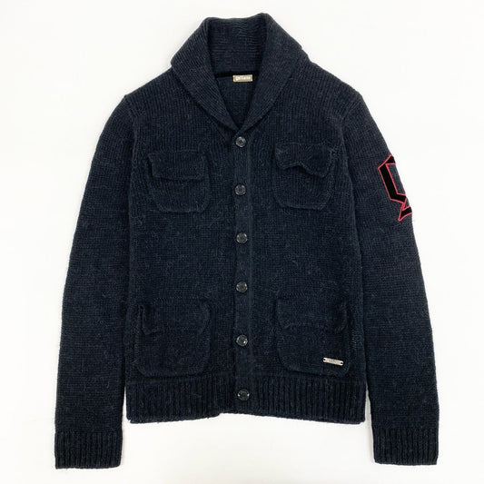 21h9《美品》 galliano ガリアーノ ワッペン付き ショールカラー ニットカーディガン M ブラック アルパカ混 セーターt18r